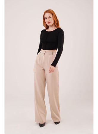 Bol Paça Piliseli Bej Pantolon