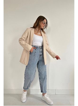 Bej Düğmeli Deri Ceket