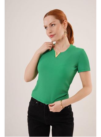 Kısa Kollu Yaka Detaylı Kaşkorse Yeşil Bluz