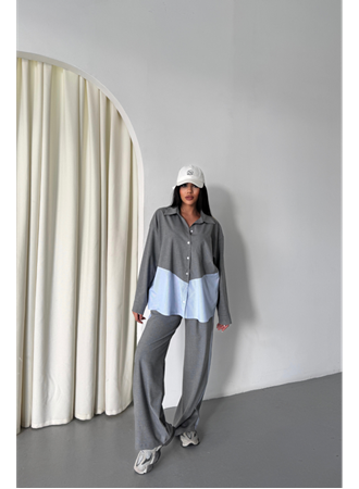 POLYVİSKON - POPLİN PARÇALI GÖMLEK PANTOLON TAKIM - Gri
