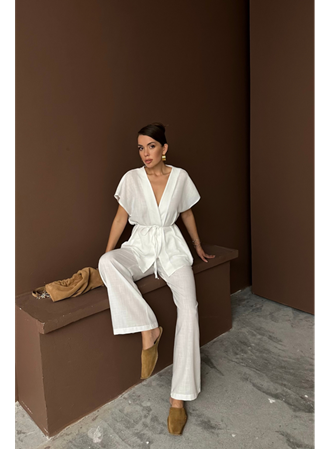 KETEN V YAKA BELDEN BAĞLAMALI BLUZ-PANTOLON TAKIM - Beyaz