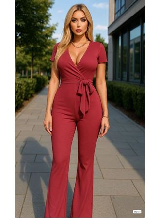 Kadın Kruvaze Yaka Kısa Kollu Kuşaklı Tulum