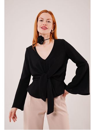 Ön Bağlamalı Volan Kol Siyah Bluz