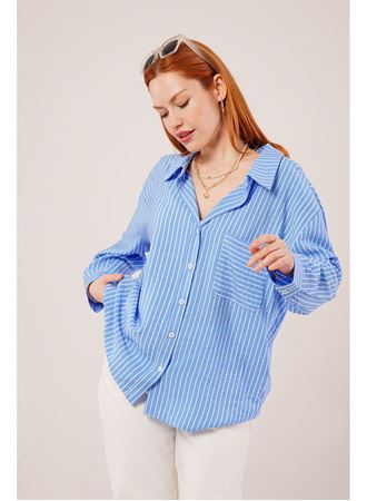 Çizgi Detaylı Cepli Mavi Gömlek