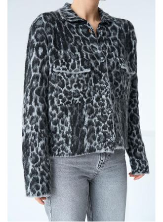Leopar Desen Jakarlı Hırka - Siyah-Açık Gri