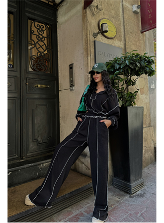 BİYELİ BLUZ PANTOLON TAKIM ŞÖNİL KUMAŞ - Siyah