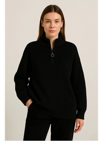 KADIN Yarım Fermuarlı Triko Kazak – Selanik Örgü, Dik Yaka, Pamuklu Dokuma, Oversize Uzun Kollu Kışlık Model - Siyah