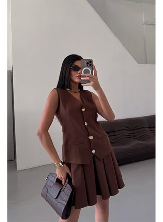 YELEK - PİLELİ ETEK GÖRÜNÜMLÜ ELBİSE - Kahverengi