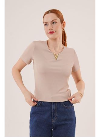 Kısa Kollu Yaka Detaylı Kaşkorse Taş Bluz