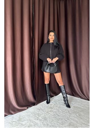 Siyah Kısa Önü Fermuarlı Bomber Ceket