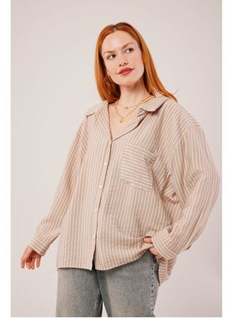 Çizgi Detaylı Cepli Camel Gömlek