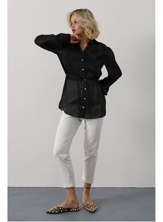 Belden Bağlamalı Uzun Kol Gömlek - Siyah
