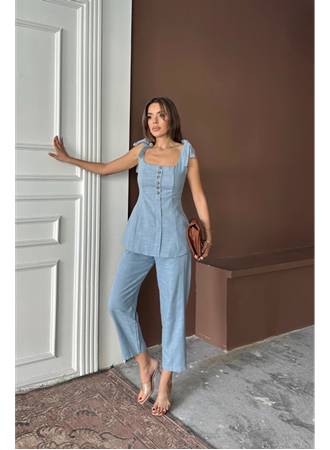 ŞANTUK KETEN YELEK GÖRÜNÜMLÜASKILI BLUZ - PANTOLON TK - Mavi