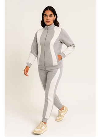 Premium Parçalı Eşofman Takım - Dik Yaka Fermuarlı Sweatshirt - Gri