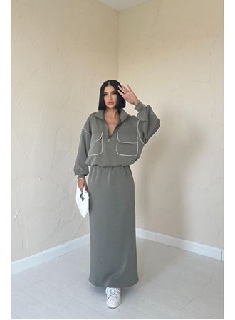 Haki Biyeli Sweatshirt Ve Etek Takım