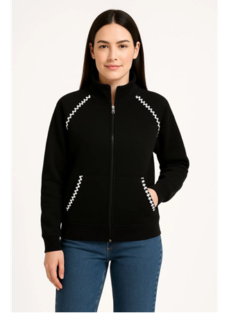 Oversize Dik Yaka Fermuarlı Sweatshirt - Zincir Nakışli Kanguru Cepli, - Siyah