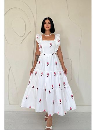 Fuşya Sıfır Kol Fırfırlı Elbise