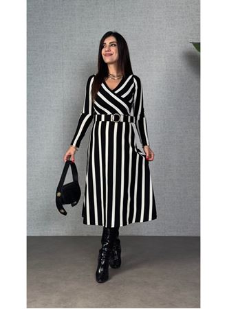 Kadın Uzun Kollu Kruvaze Yaka Kemer Dahil çizgili Triko Elbise