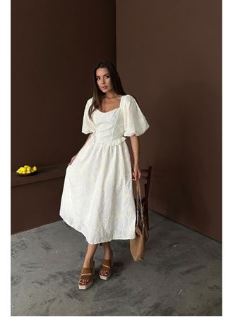 Ekru Balon Kollu Dantelli Brode Elbise