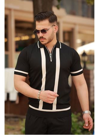 Erkek Fermuar Yakalı şerit Detaylı Kısa Kollu Tişört