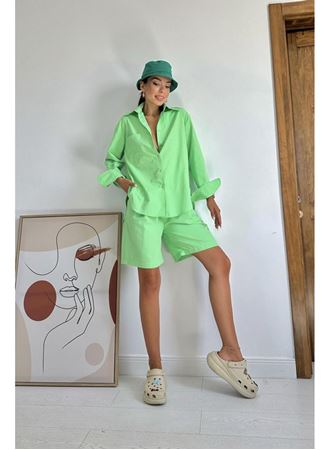 Fıstık Yeşili Önü Cepli Gömlek Ve Şort Takım