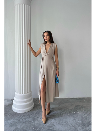 KRUVAZE VATKALI KOLSUZ ELBİSE MODAL KUMAŞ - Bej