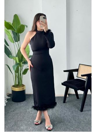 Siyah Eteği Tüllü Tek Kol Elbise