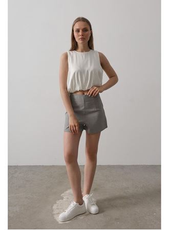 Saten Kolsuz Belki Lastikli Bluz - Ekru