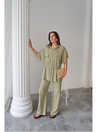 KETEN BELDEN BÜZGÜ DETAYLI GÖMLEK - PANTOLON TAKIM - Yeşil