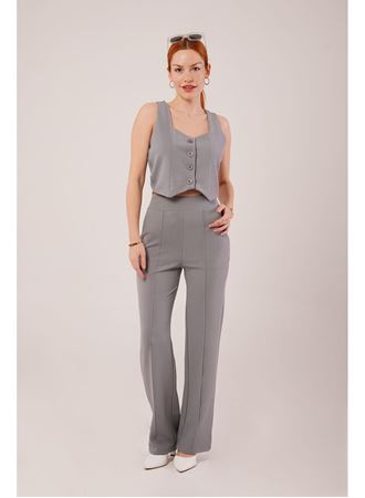 Kalın Askılı Düğmeli Yelek Ve Pantolon Gri Takım