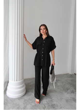KETEN BELDEN BÜZGÜ DETAYLI GÖMLEK - PANTOLON TAKIM - Siyah
