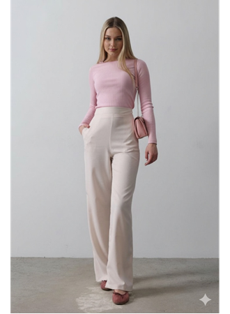 Beli Yarım Lastikli Palazzo Pantolon - Pudra