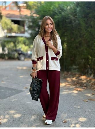 Kadın Uzun Kollu Ribanali Cep Detay Hırka Ve Bol Paça Pantolon Ikili Takım