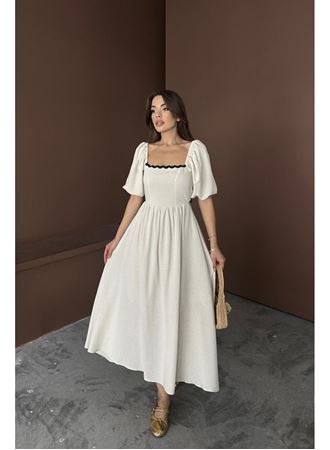 Bej Arkası Bağlamalı Keten Elbise