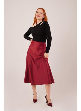 Çan Kesim Midi Bordo Saten Etek