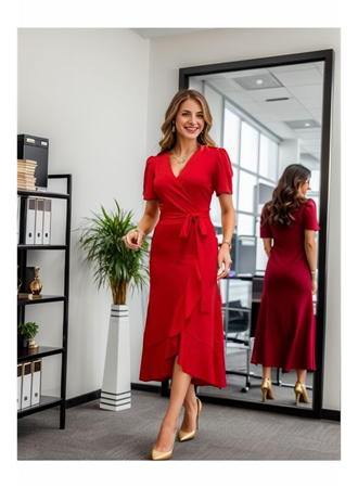 Kadın Kruvaze Yaka Midi Boy Kuşaklı Krep Elbise 120 Cm