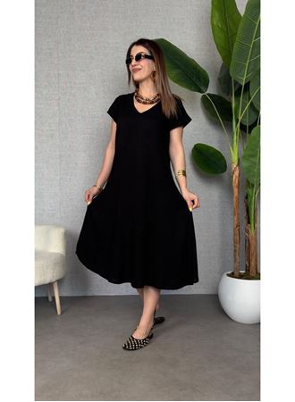 Kadın Kısa Kollu V Yaka Salaş Maxi Boy Elbise