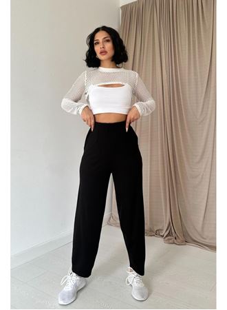 Siyah Pensli Lastik Detaylı Pantolon
