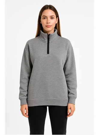 Üç İplik Dık Yaka Yarım Fermuarlı SweatShirt - Gri