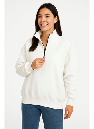 Üç İplik Dık Yaka Yarım Fermuarlı SweatShirt - Beyaz