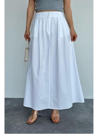 İnce Pileli Düz Etek - Beyaz