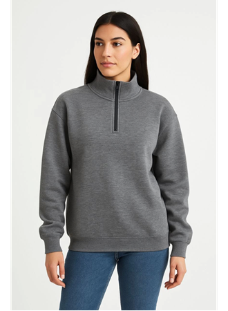 Üç İplik Dık Yaka Yarım Fermuarlı SweatShirt - Antrasit