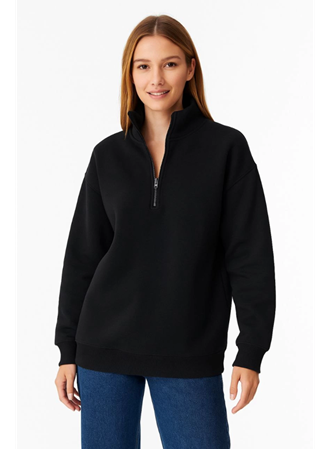 Üç İplik Dık Yaka Yarım Fermuarlı SweatShirt - Siyah