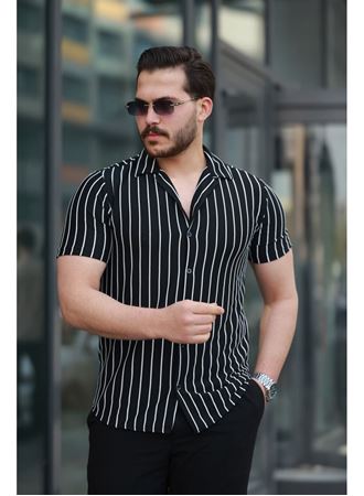 Erkek Kısa Kollu Beyaz çizgi Desenli örme Kumaş Pamuklu Gömlek