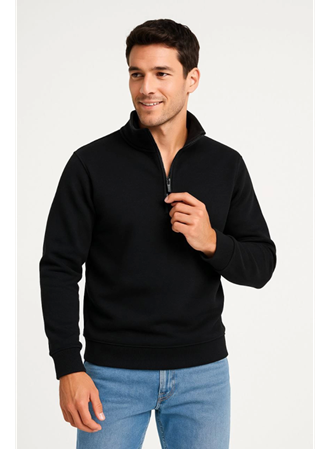 Erkek Dik Yaka Sweatshirt Dik Yaka Yarım Fermuarlı 3 İplik Şardonlu Pamuk Kumaş - Siyah