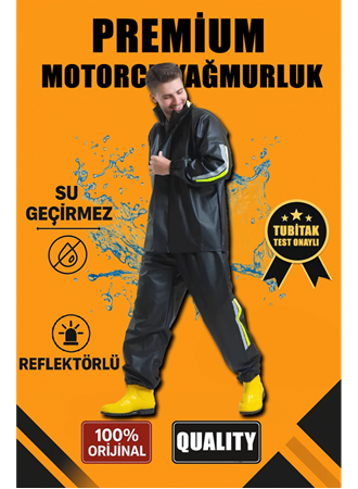 Premium Motorcu Kurye Yağmurluk Takım Su Geçirmez PVC Kumaş Reflektörlü TÜBİTAK Onaylı - Siyah