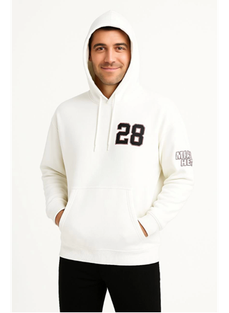 Üç İplik Kapüşonlu Ön Ve Arka Baskılı SweatShirt Hoodie - Beyaz