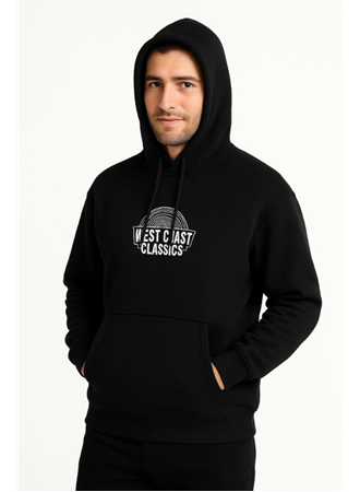 Erkek Üç İplik Kapüşonlu Ön Ve Arka Baskılı SweatShirt Hoodie - Siyah
