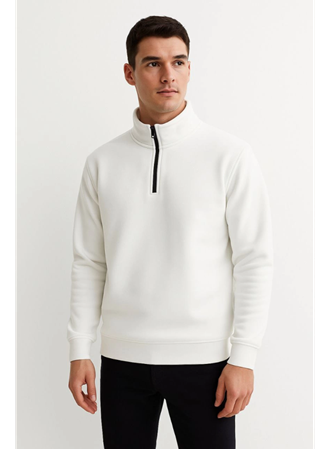 Erkek Dik Yaka Sweatshirt Dik Yaka Yarım Fermuarlı 3 İplik Şardonlu Pamuk Kumaş - Beyaz
