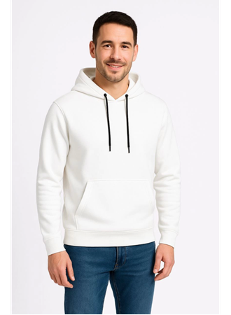 Erkek Üç İplik Kapüşonlu Kanguru Cepli SweatShirt Hoodie - Beyaz